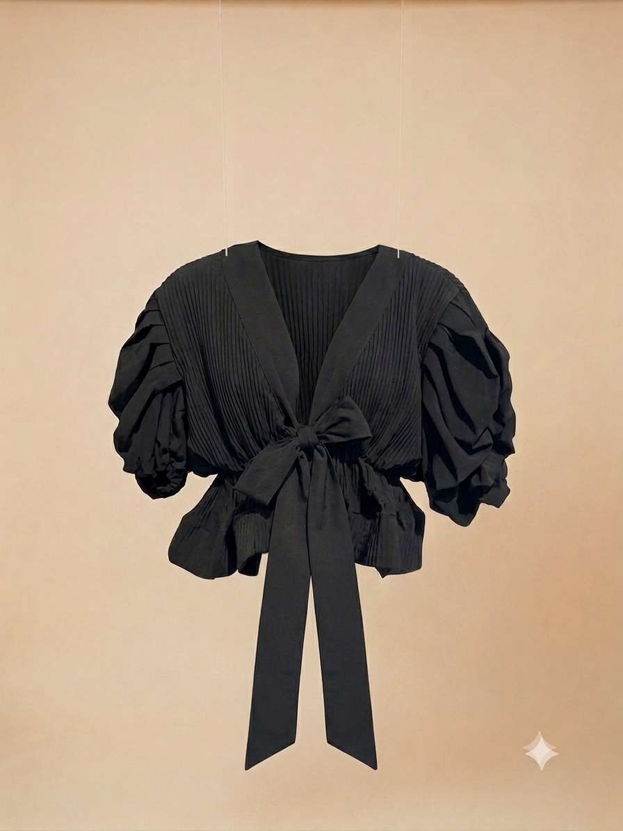 Elegante Schwarze Baumwollbluse mit Volants und Schleife